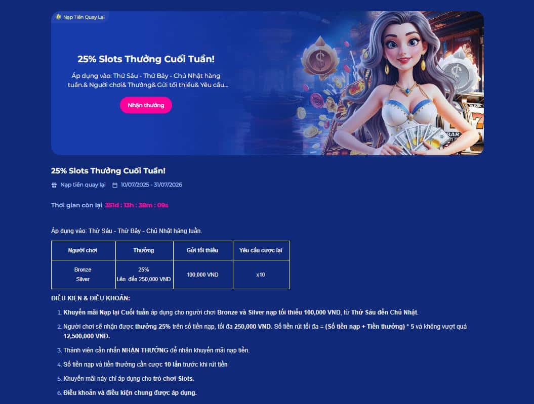 Thông tin chi tiết của ưu đãi 25% slot thưởng cuối tuần