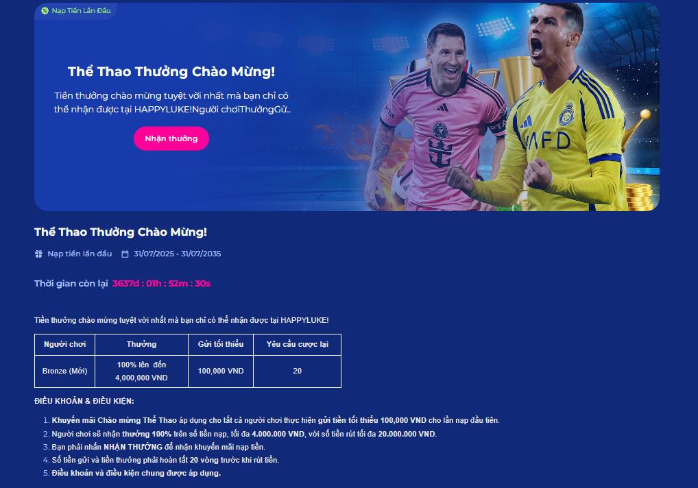 Thông tin về khuyến mãi thưởng chào mừng tại sảnh Thể thao